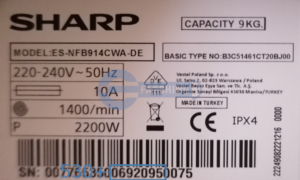 SHARP Waschmaschine Typenschild ES-NFB914CWA-DE